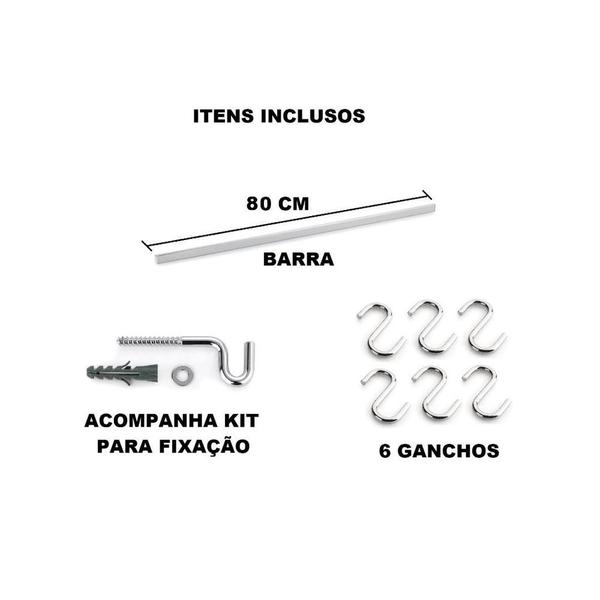 Imagem de Barra de Cozinha 80cm Reta Cromada com 6 ganchos de Parede