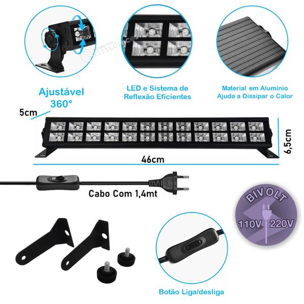 Imagem de  Barra de Luz Negra Potente  com 18 LEDs Ultravioleta Ideal Ambientes Escuros LKUV9X2