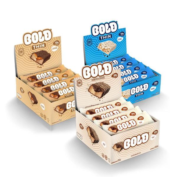 Imagem de Barra de Proteína BOLD Snacks- KIT Thin Cookies & Cream + Thin Caramelo & Amendoim + BOLD Leite & Avelã (3 caixas c/ 12)