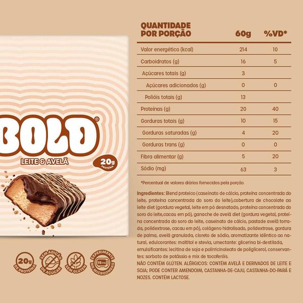 Imagem de Barra de Proteína BOLD Snacks Leite & Avelã (20g de Proteína) - Caixa com 12 unidades