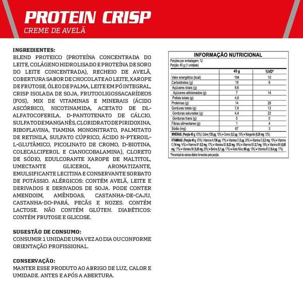 Imagem de Barra de Proteína Integralmedica Protein Crisp Leite em Pó com Creme de Avelã 540g 12 unidades