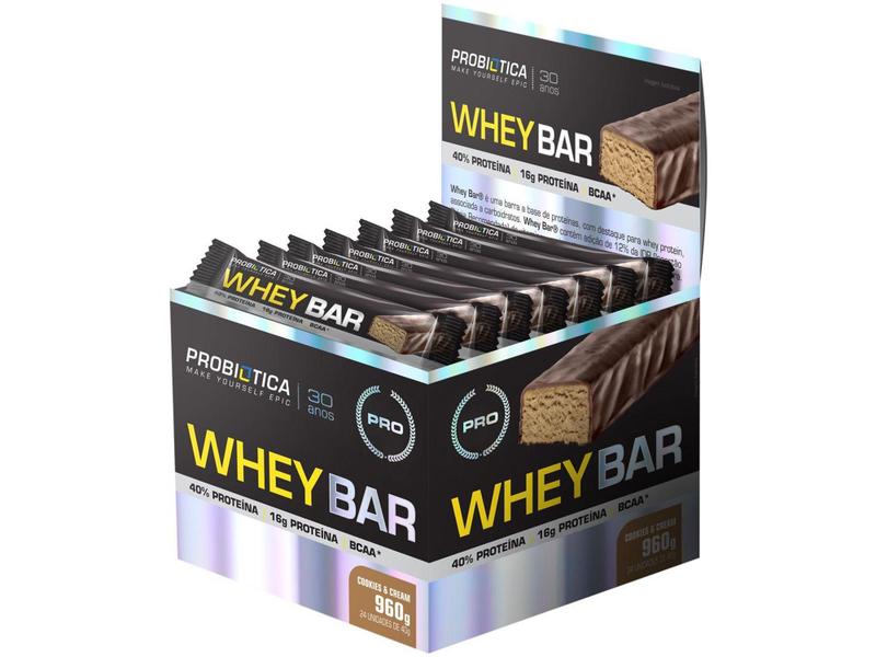 Imagem de Barra de Proteína Probiótica Whey Bar  - Cookies and Cream Ligth 24 Unidades 40g Cada