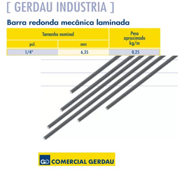 Imagem de Barra Ferro Redondo 6,35mm  - 1/4 Gerdau ASTM A36 100cm 4un