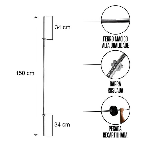 Imagem de Barra Reta Maciça 1,50 Com Pegada Recartilhada Rosca Para Academia