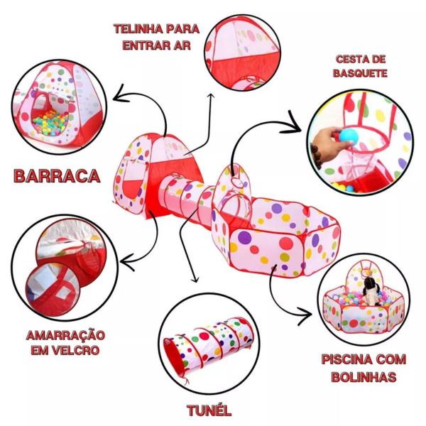 Barraca Cabana Toca Túnel Infantil 3x1 Piscina De Bolinhas - Pop Brinquedos Imagem de Barraca Cabana Toca Túnel Infantil 3x1 Piscina De Bolinhas