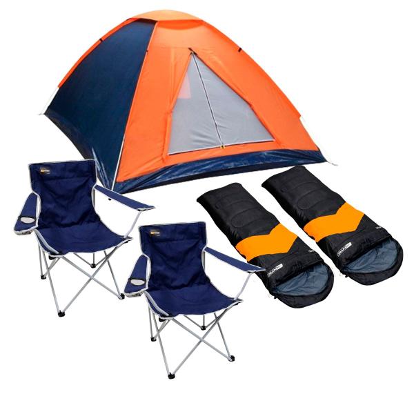 Imagem de Barraca Camping Panda NTK 3 pessoas Coluna d'água 600mm + 2 Sacos de Dormir Laranja/Preto + 2 Cadeiras Alvorada Azul