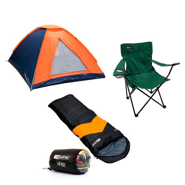 Imagem de Barraca Camping Panda NTK 3 pessoas Coluna d'água 600mm + Saco de Dormir Laranja/Preto + Cadeira Alvorada Azul