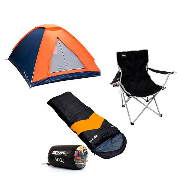 Imagem de Barraca Camping Panda NTK 3 pessoas Coluna d'água 600mm + Saco de Dormir Laranja/Preto + Cadeira Alvorada Preto