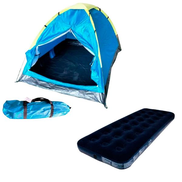 Imagem de Barraca Camping Para 3 Pessoas Importway + Colchão de Ar Inflável Camping Piscina Solteiro Aveludado s/ Fole