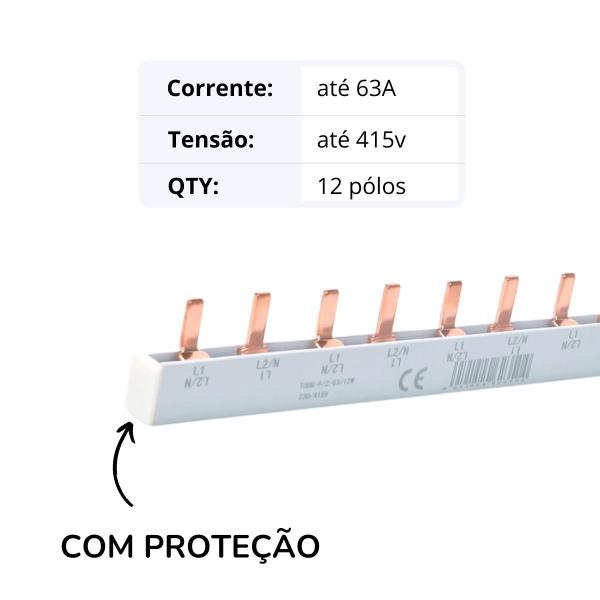 Imagem de Barramento Fase Bifásico 63A Tipo Pente 415v Bipolar DIN 12 Pólos 2P para Disjuntor