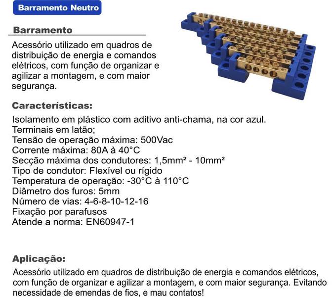 Imagem de Barramento Neutro de Cobre 16 Posições 80A 500V Azul