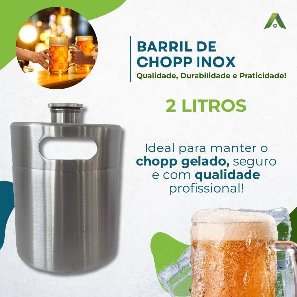 Imagem de Barril novo de 2 litros, de aco inoxidavel, utilizado em armazenamento de cerveja, ref.2l mini keg