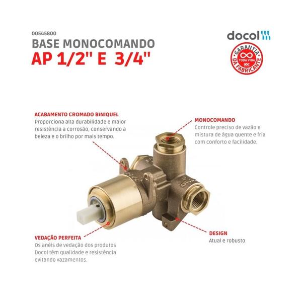 Base de Misturador Monocomando para Chuveiro ou Banheira 1/2 e 3/4 - Docol Imagem de Base de Misturador Monocomando para Chuveiro ou Banheira 1/2 e 3/4
