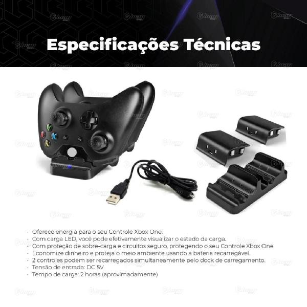 Imagem de Base Dock Carregador Duplo Para Controle Xbox One Preto  + 2 Baterias Recarregáveis Preta + Cabo Usb