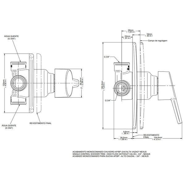 Base Misturador Monocomando BP Alta Vazão 3/4" + Acabamento Monocomando 3/4" AP/BP Alta Vazão Nexus - Docol Imagem de Base Misturador Monocomando BP Alta Vazão 3/4" + Acabamento Monocomando 3/4" AP/BP Alta Vazão Nexus