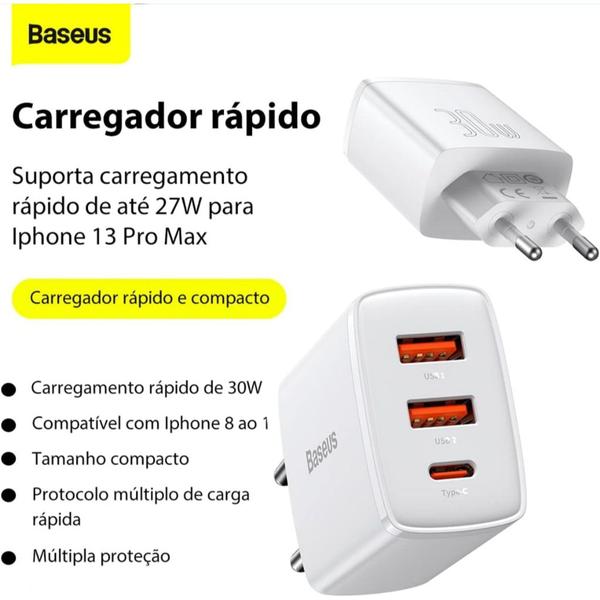 Imagem de Baseus Carregador 30W Turbo 2 Entradas USB e 1 USB-C Tipo-C Branco