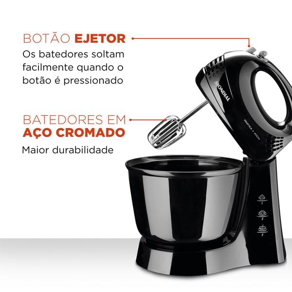 Imagem de Batedeira de Mesa Mondial Pratica B44B 400W 3 Velocidades Preta 127V