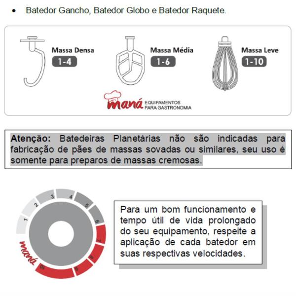 Imagem de Batedeira Planetária 6 Litros Plus para Misturas Leves, Areadas, Massas Pesadas e Cremes Maná