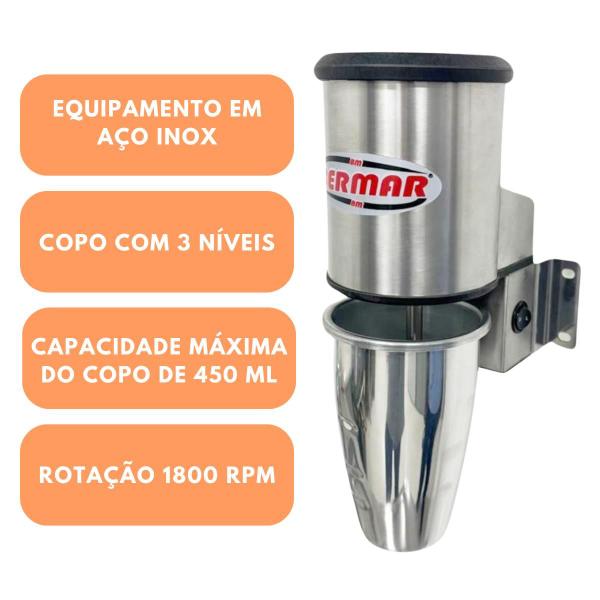 Imagem de Batedor de Milk Shake De Parede 450ml Industrial Inox BM168 Bermar