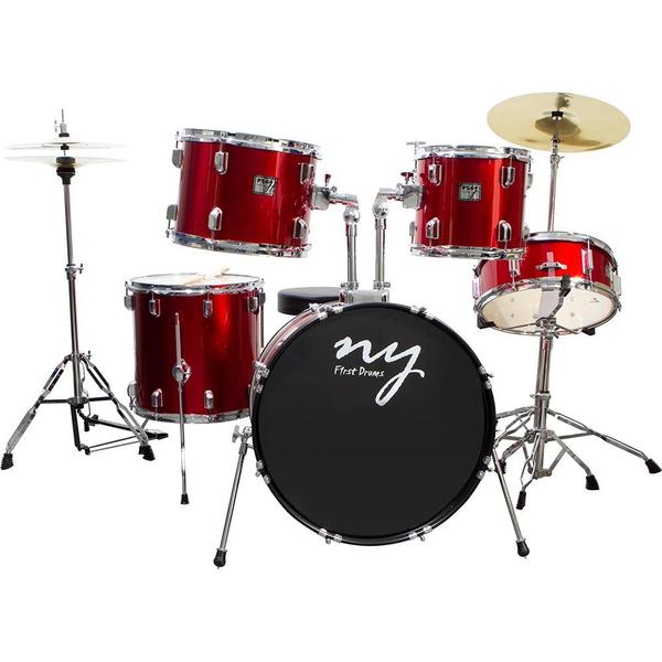 Imagem de Bateria Acústica 2t Cromada Vermelho Com Banco Ny-f1rst F097