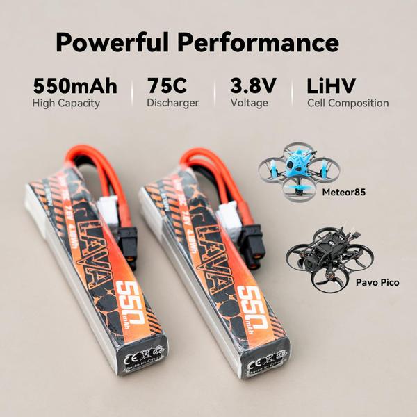 Imagem de Bateria Lipo BETAFPV LAVA 550mAh 2S 7,6V 75C LiHV com XT30