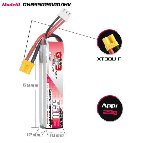 Imagem de Bateria LiPo GAONENG GNB 2S 550mAh 7,6 V HV 100C XT30