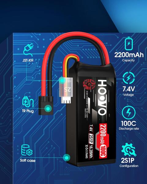 Imagem de Bateria Lipo HOOVO 2S 7,4 V 2200mAh 100C com conector TR - pacote com 2