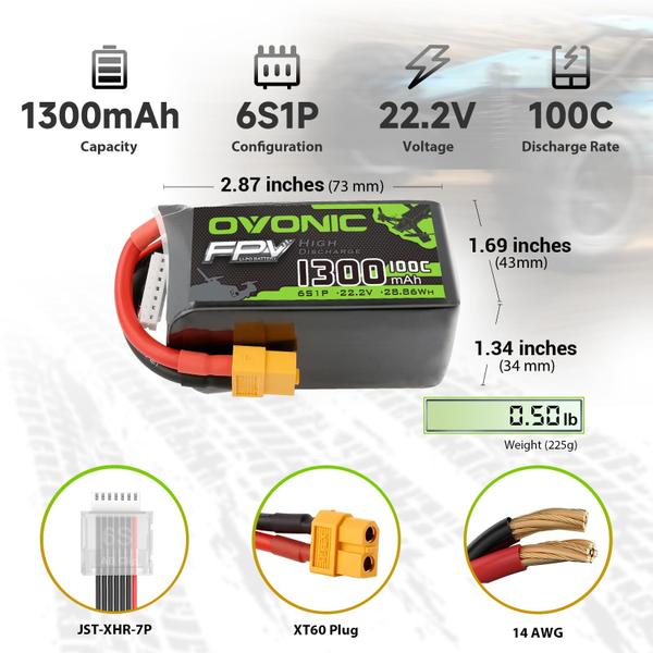 Imagem de Bateria Lipo OVONIC 6S 1300mAh 22,2V 100C com conector XT60