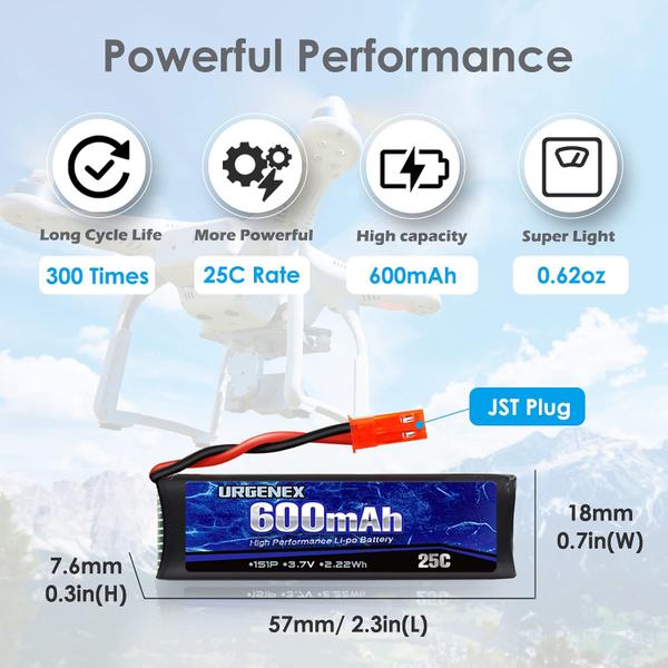 Imagem de Bateria Lipo URGENEX 600mAh 3,7 V com plugue JST para UDI U817