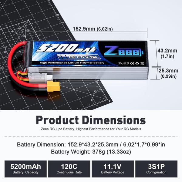 Imagem de Bateria Lipo Zeee 3S 11,1 V 5200 mAh 120 V com conector XT60 (pacote com 2)