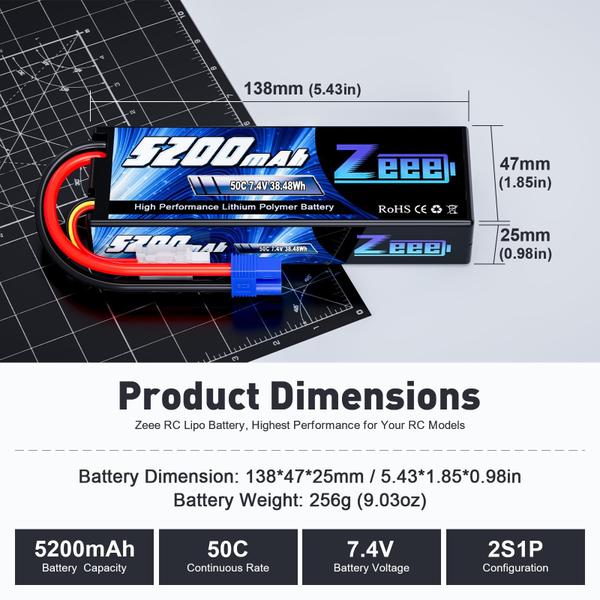 Imagem de Bateria Lipo Zeee 7,4 V 5200 mAh 50 V 2S com plugue EC3 (pacote com 2)