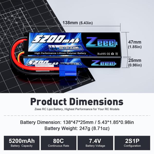 Imagem de Bateria Lipo Zeee 7,4 V 5200 mAh 80 C com estojo rígido EC5 Plug 2S