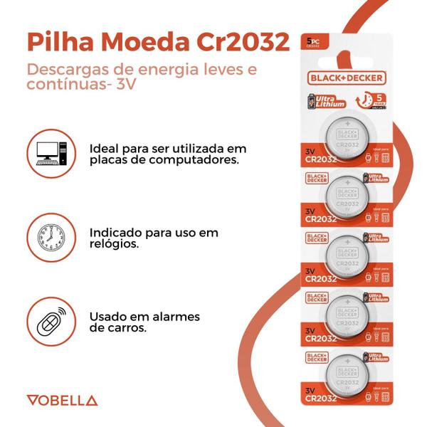 Imagem de Bateria Moeda CR2032 3V Blister Com 5 Unidades Black+Decker