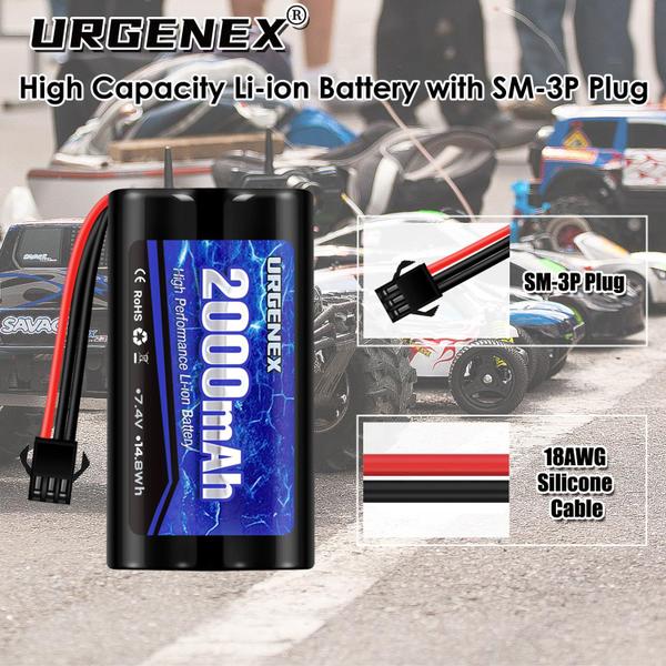 Imagem de Bateria RC URGENEX 2S 2000mAh 7,4 V de íon de lítio com plugue SM3P e carregador