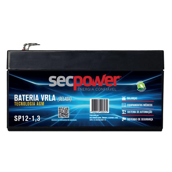 Imagem de Bateria Selada 12v 1.3ah Secpower SP12-1.3 VRLA AGM r Relógio Ponto Central Alarme Equip Hospitalar