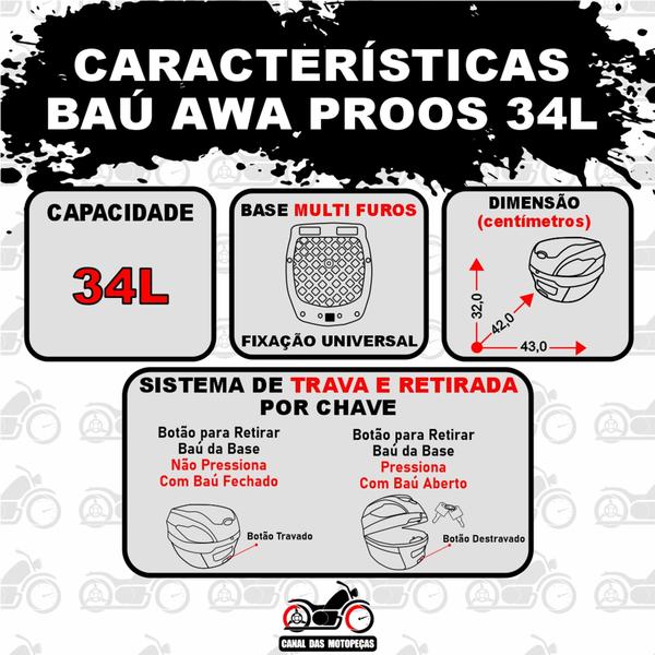 Imagem de Baú 34 litros Awa Proos com Bagageiro para MT03 E R3 2015-2023