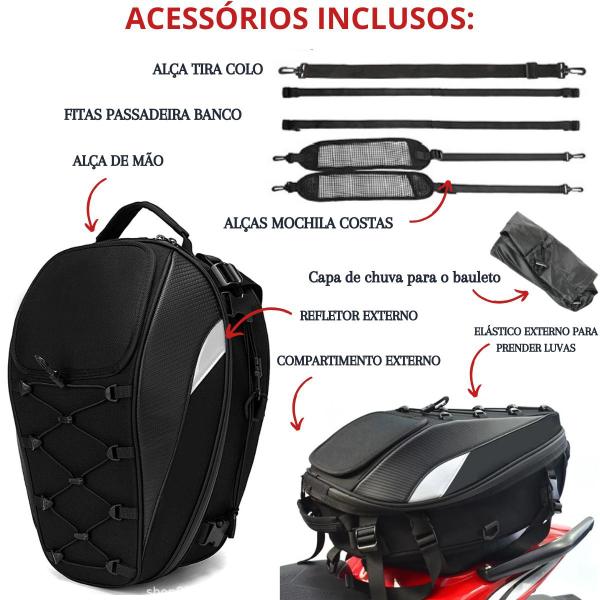 Imagem de Bau Bauleta Mochila para Motos 37L + Bolsa Porta Capacete