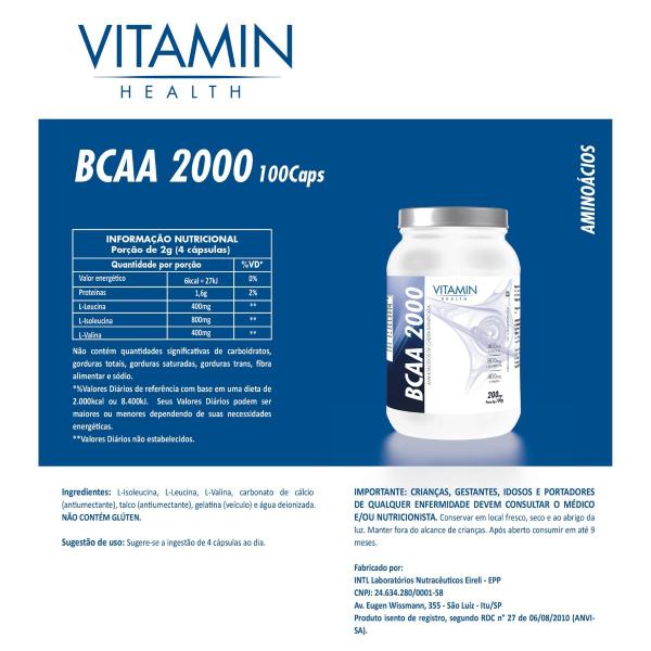 Imagem de BCAA 2000 200 Cápsulas de Força e Recuperação, Vitamin Health 3889