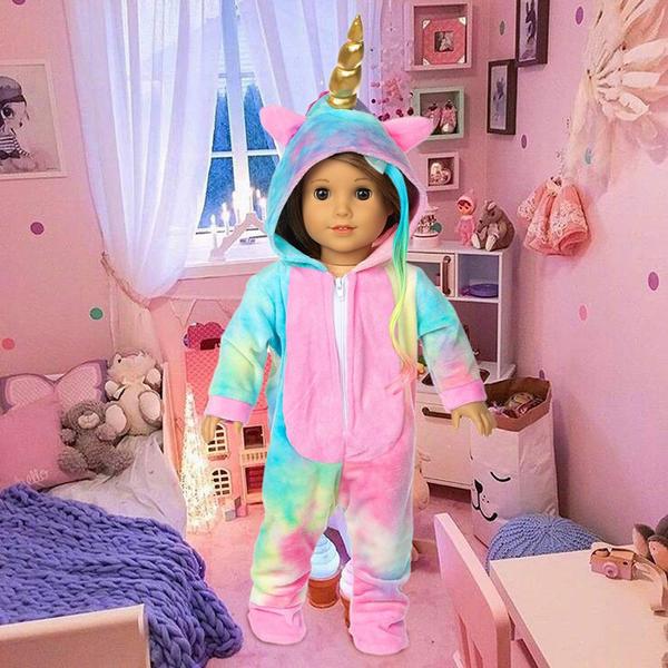 Imagem de BDDOLL 18 Polegadas Boneca Roupas-Arco-Íris Fantasia de Boneca Unicórnio Onesie Pijama com Arcos de Cabelo Asas de Anjo Pequeno Se encaixa americanas 18 Polegadas Girl Doll Acessórios