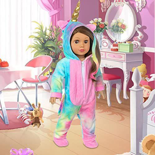 Imagem de BDDOLL 18 Polegadas Boneca Roupas-Arco-Íris Fantasia de Boneca Unicórnio Onesie Pijama com Arcos de Cabelo Asas de Anjo Pequeno Se encaixa americanas 18 Polegadas Girl Doll Acessórios