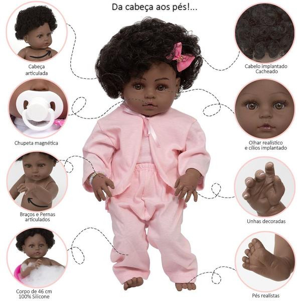 Imagem de Bebe Estilo Reborn Menina Negra Fofinha Com Bolsa 21 Itens