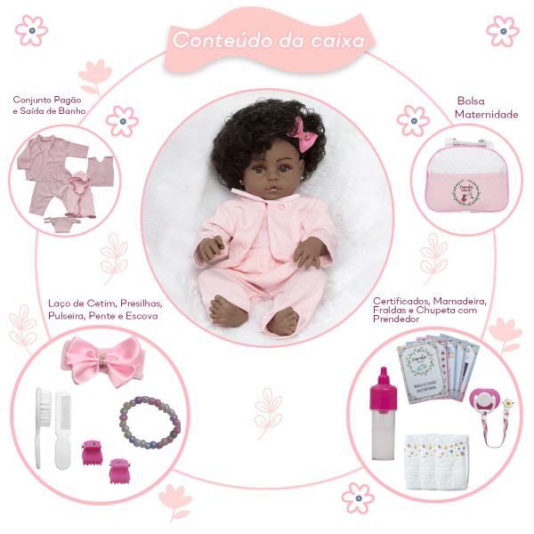 Imagem de Bebe Estilo Reborn Menina Negra Fofinha Com Bolsa 21 Itens