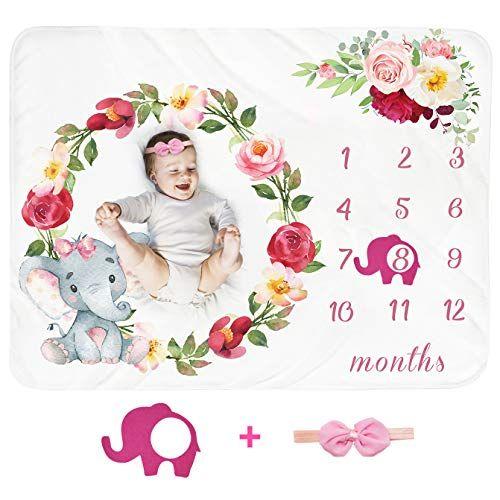 Imagem de Bebê Mensal Milestone Blanket Girl - Newborn Month Blanket Personalizado Shower Gift Soft Fleece Photography Background Photo Prop Floral Elephant Blanket with Frame Headband Large 51''x40''