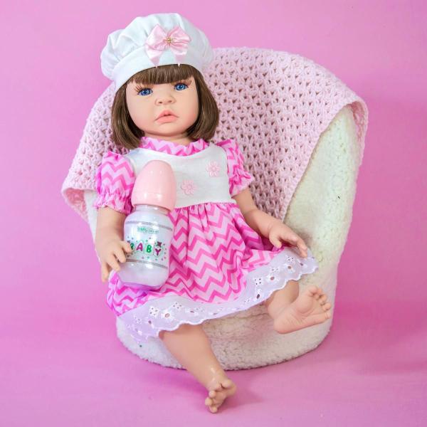 Imagem de Bebê Reborn Boneca Realista Em Silicone Bolsa Maternidade Vestido Listrado Pode Dar Banho Pronta Entrega