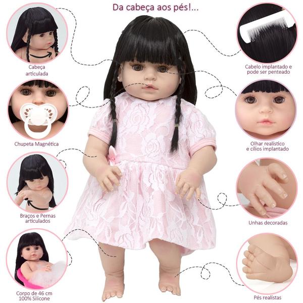 Imagem de Bebe Reborn Cabelo Longo Morena Vestido Rosa Lindos Itens