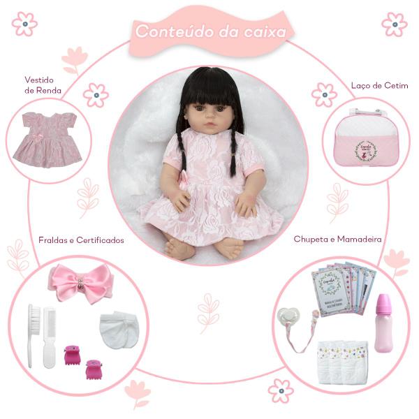 Imagem de Bebe Reborn Cabelo Longo Morena Vestido Rosa Lindos Itens