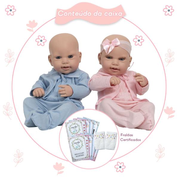 Imagem de Bebê Reborn Casal Gêmeos Careca Kit Lara Luca Enxoval Itens