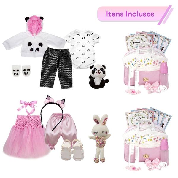 Imagem de Bebe Reborn Gêmeas Meninas Pandinha Coelhinha Kit Completo