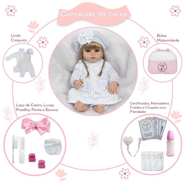 Imagem de Bebe Reborn Grande Nicole Enxoval Completo Vestido Branco