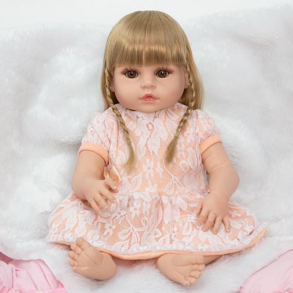 Imagem de Bebe Reborn Loira Baby Vestido Salmão + Chupeta 13 Itens